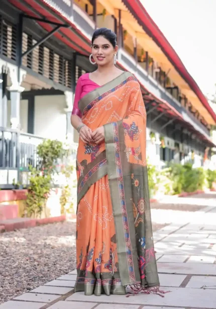 Bright Orange Madhubani Digital Print Linen Saree