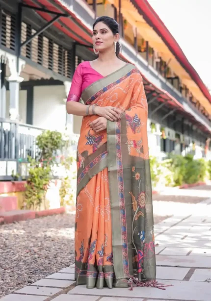 Bright Orange Madhubani Digital Print Linen Saree