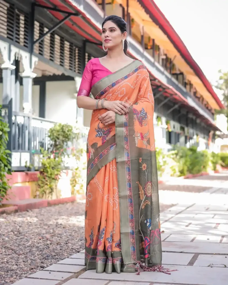 Bright Orange Madhubani Digital Print Linen Saree