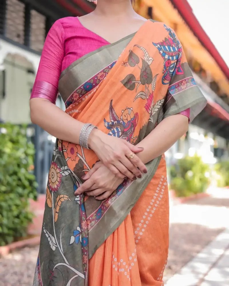 Bright Orange Madhubani Digital Print Linen Saree