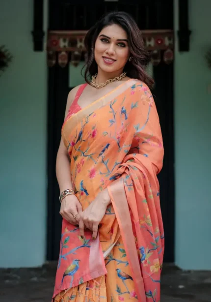 Bright Peach Orange Pure Linen Saree With Tassels