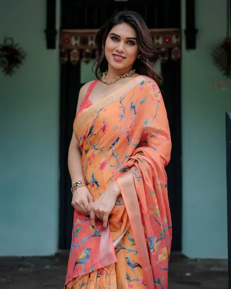 Bright Peach Orange Pure Linen Saree With Tassels