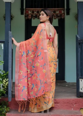 Bright Peach Orange Pure Linen Saree With Tassels