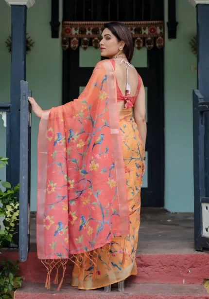 Bright Peach Orange Pure Linen Saree With Tassels