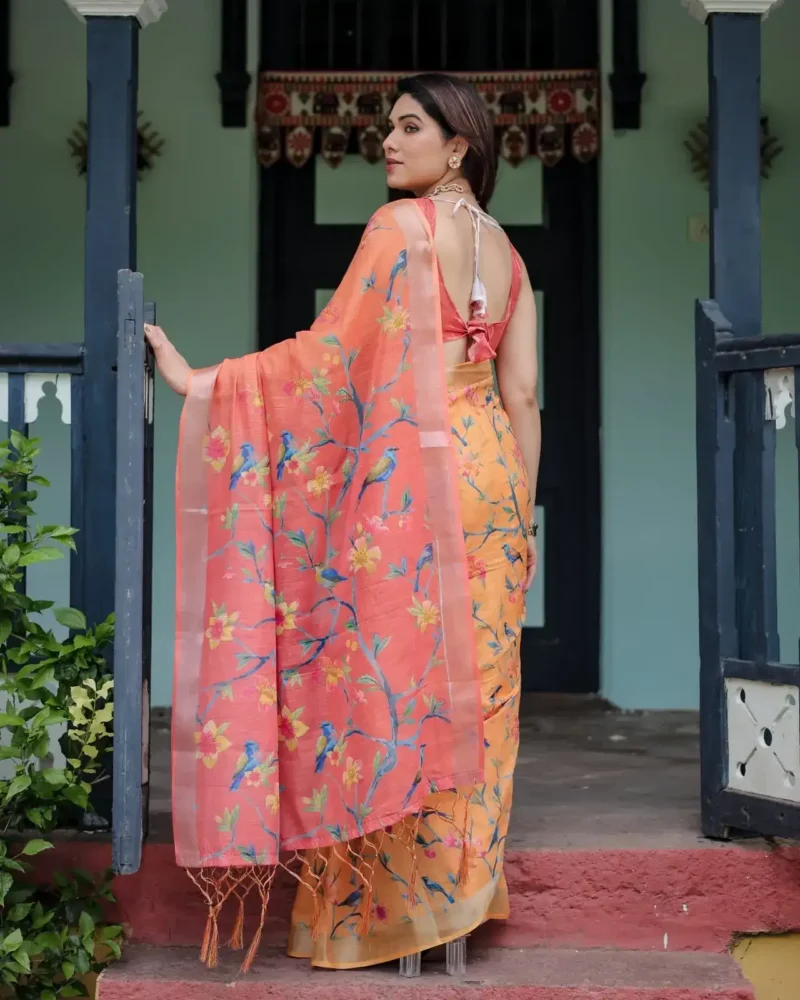 Bright Peach Orange Pure Linen Saree With Tassels