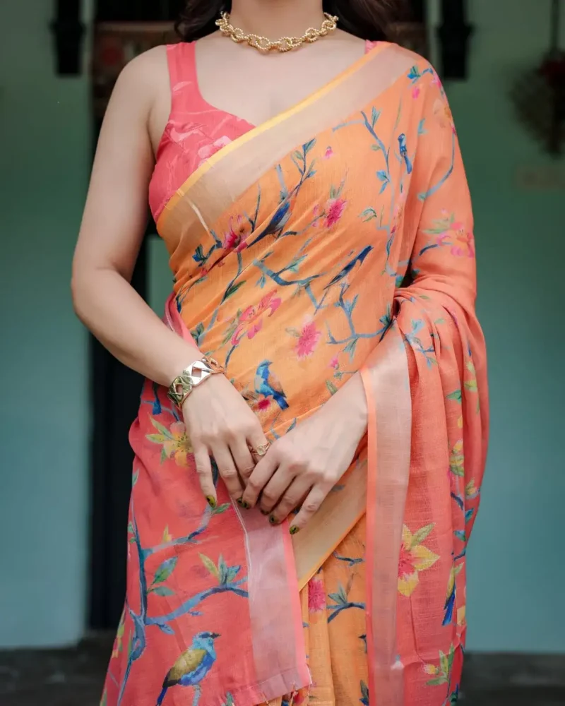 Bright Peach Orange Pure Linen Saree With Tassels