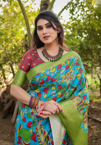 Bright Sky Blue Hand Painted Digital Printed Tussar Silk Saree