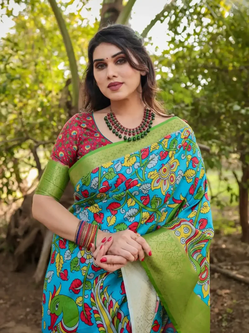 Bright Sky Blue Hand Painted Digital Printed Tussar Silk Saree