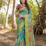 Bright Sky Blue Hand Painted Digital Printed Tussar Silk Saree
