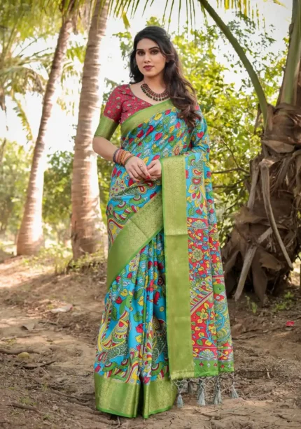 Bright Sky Blue Hand Painted Digital Printed Tussar Silk Saree