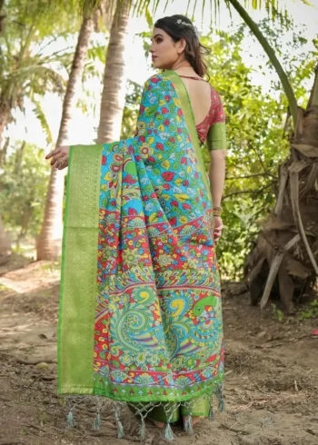 Bright Sky Blue Hand Painted Digital Printed Tussar Silk Saree