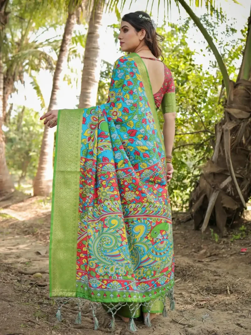 Bright Sky Blue Hand Painted Digital Printed Tussar Silk Saree
