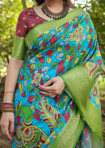 Bright Sky Blue Hand Painted Digital Printed Tussar Silk Saree