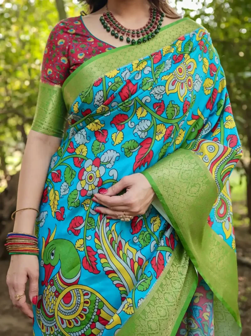 Bright Sky Blue Hand Painted Digital Printed Tussar Silk Saree