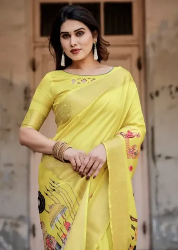 Bright Yellow Heritage Digital Printed Silk Saree