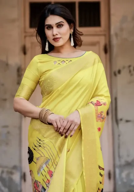 Bright Yellow Heritage Digital Printed Silk Saree