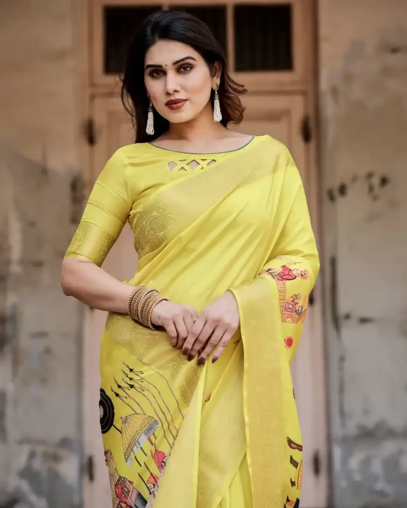 Bright Yellow Heritage Digital Printed Silk Saree