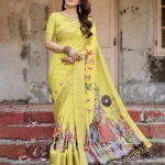 Bright Yellow Heritage Digital Printed Silk Saree