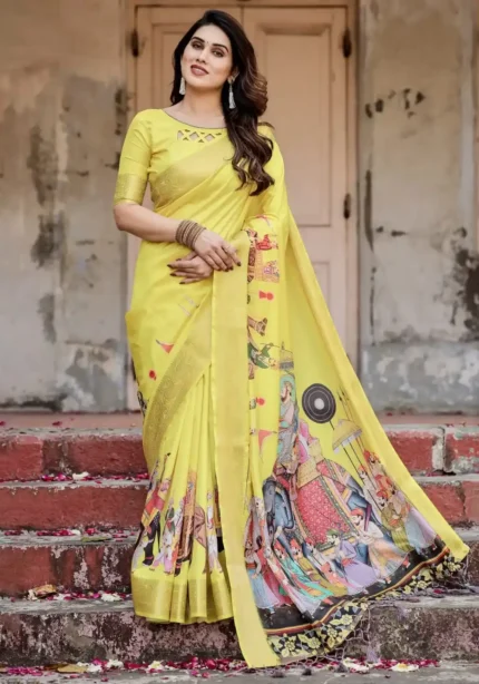 Bright Yellow Heritage Digital Printed Silk Saree