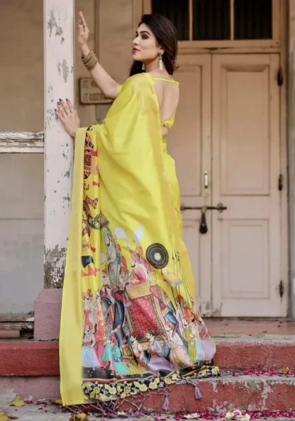 Bright Yellow Heritage Digital Printed Silk Saree