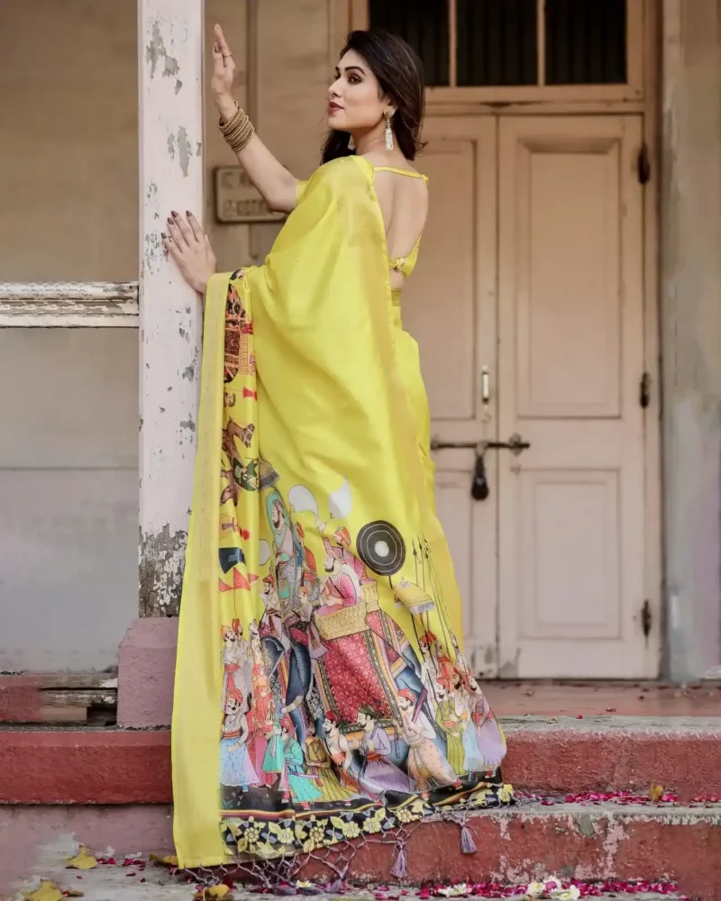 Bright Yellow Heritage Digital Printed Silk Saree