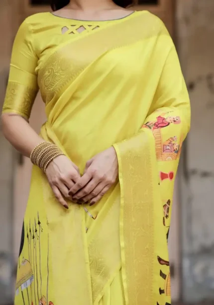 Bright Yellow Heritage Digital Printed Silk Saree