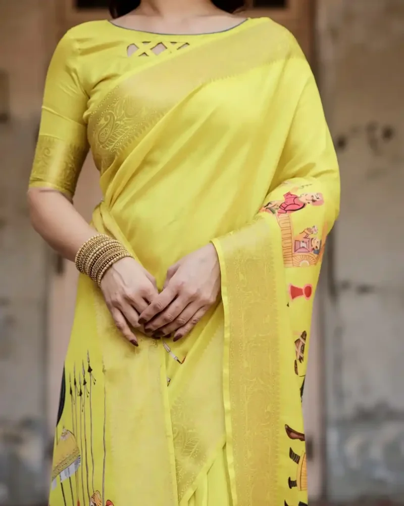 Bright Yellow Heritage Digital Printed Silk Saree