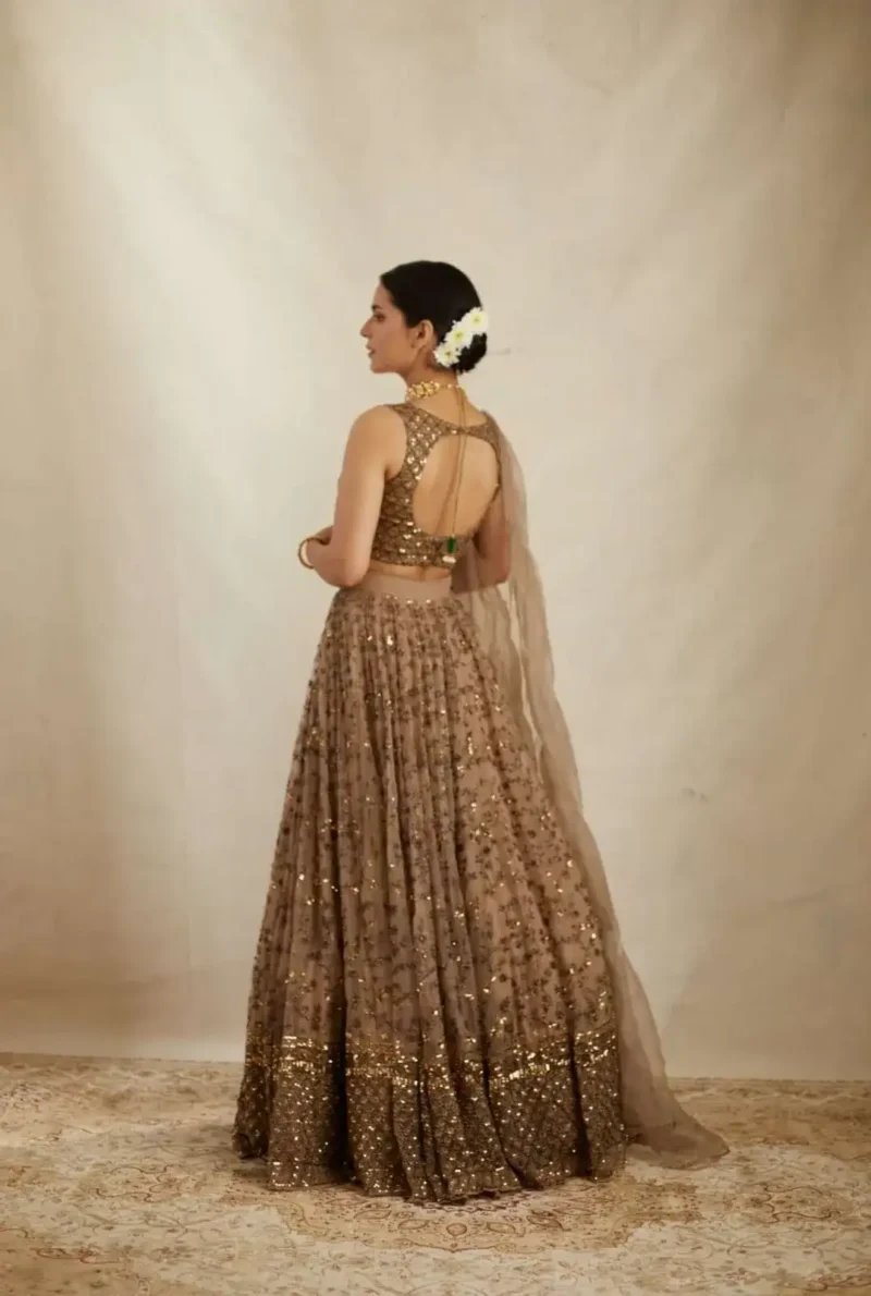 Brown Color Sequins With Jari Embroidery Work Partywear Net Lehenga Choli