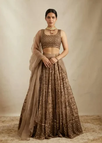 Brown Color Sequins With Jari Embroidery Work Partywear Net Lehenga Choli