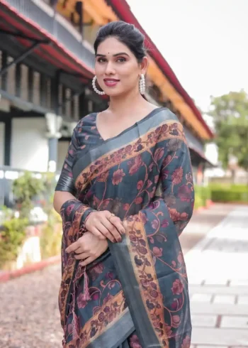 Charcoal Grey Floral Digital Print Linen Saree