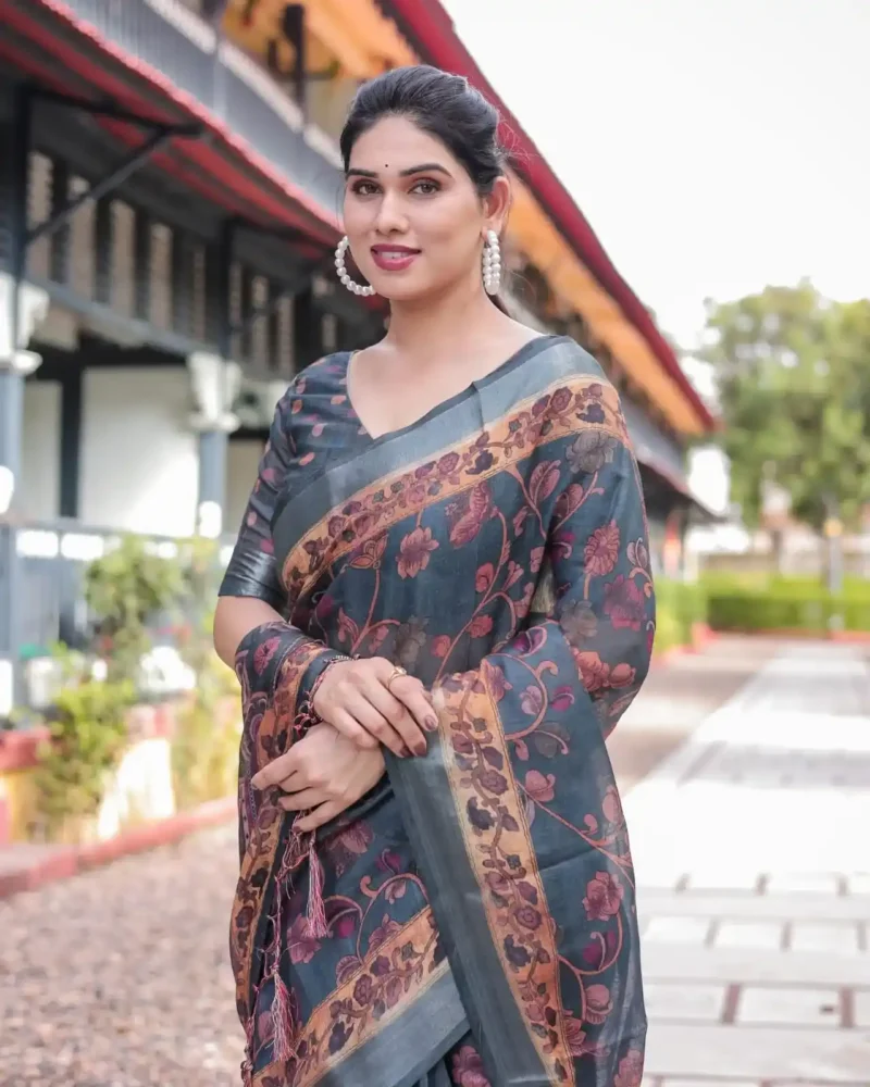 Charcoal Grey Floral Digital Print Linen Saree