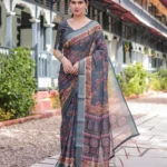 Charcoal Grey Floral Digital Print Linen Saree