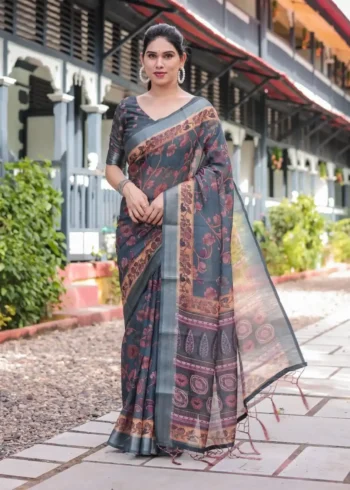 Charcoal Grey Floral Digital Print Linen Saree