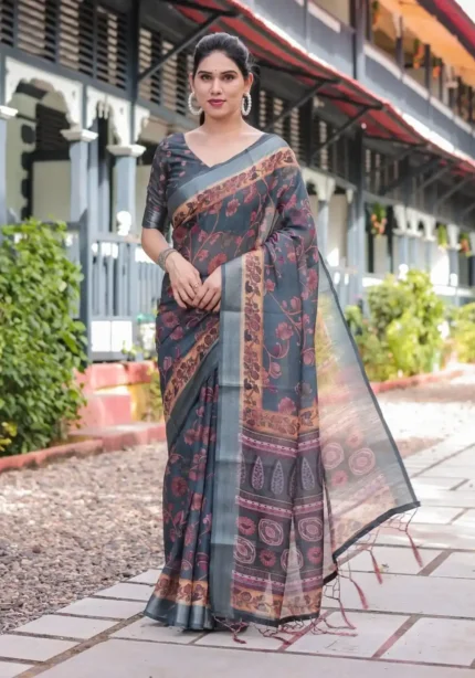 Charcoal Grey Floral Digital Print Linen Saree