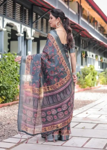 Charcoal Grey Floral Digital Print Linen Saree