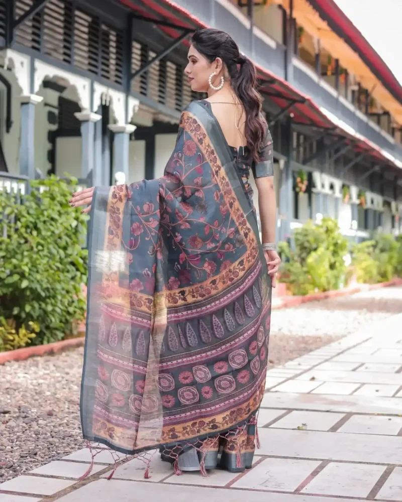 Charcoal Grey Floral Digital Print Linen Saree