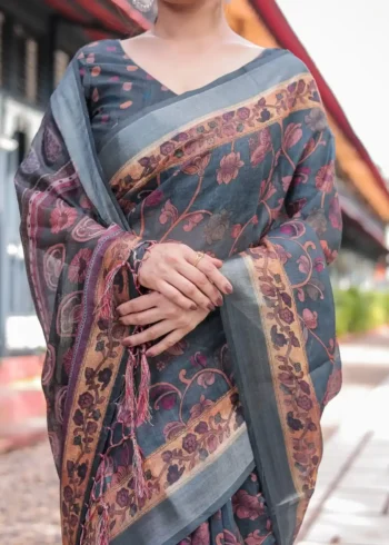 Charcoal Grey Floral Digital Print Linen Saree