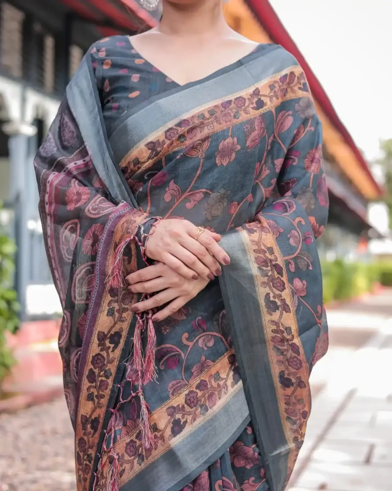 Charcoal Grey Floral Digital Print Linen Saree