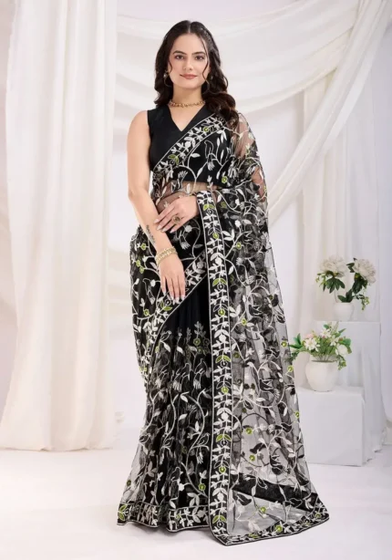 Chikankari Embroidery Work Soft Net Partywear Saree