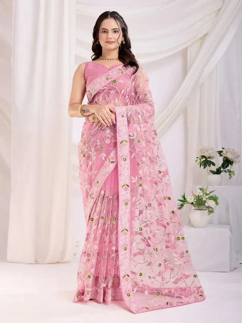 Chikankari Embroidery Work Soft Net Partywear Saree
