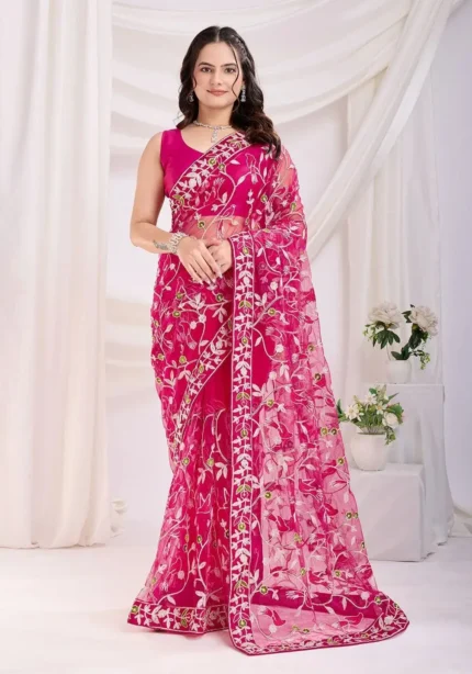 Chikankari Embroidery Work Soft Net Partywear Saree