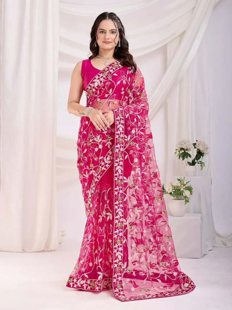 Chikankari Embroidery Work Soft Net Partywear Saree