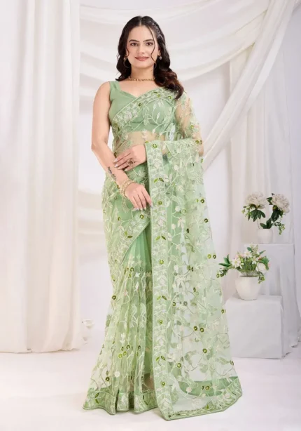 Chikankari Embroidery Work Soft Net Partywear Saree