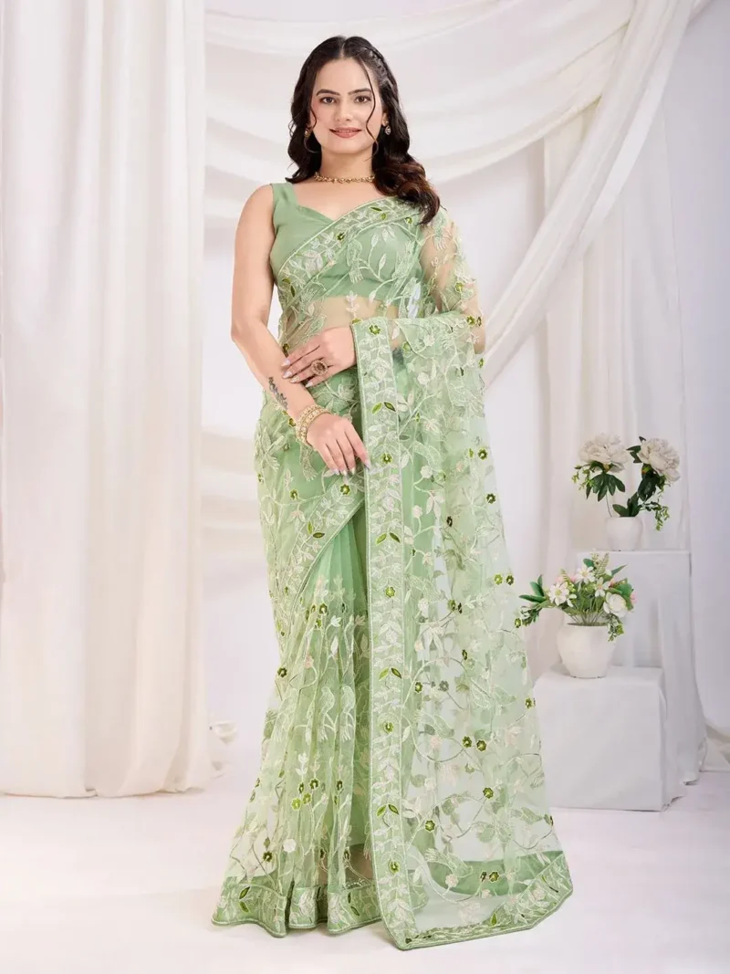 Chikankari Embroidery Work Soft Net Partywear Saree