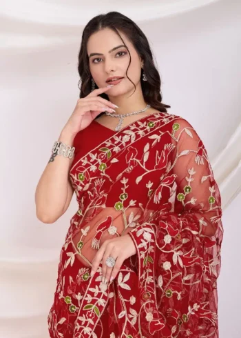 Chikankari Embroidery Work Soft Net Partywear Saree