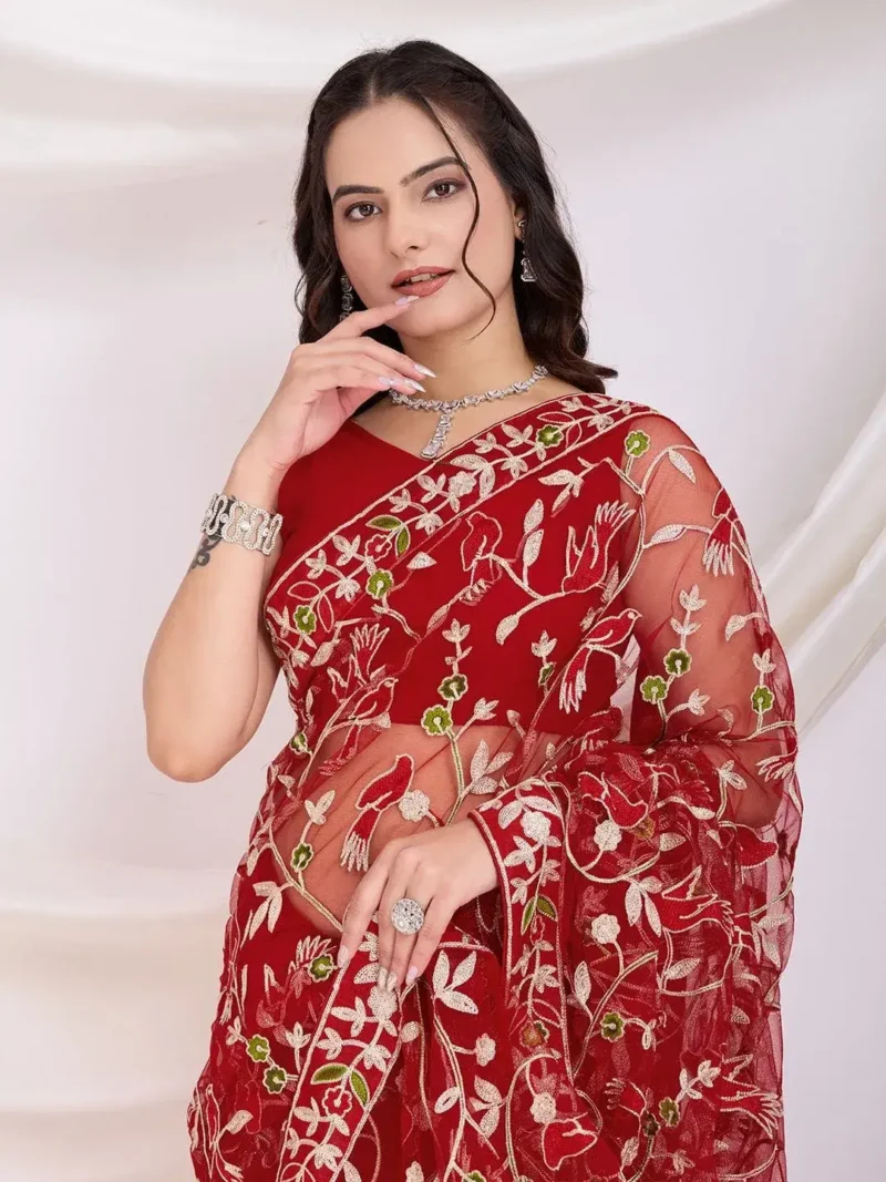 Chikankari Embroidery Work Soft Net Partywear Saree