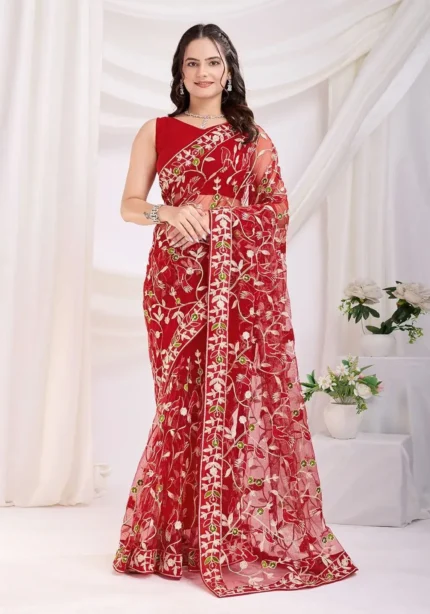 Chikankari Embroidery Work Soft Net Partywear Saree