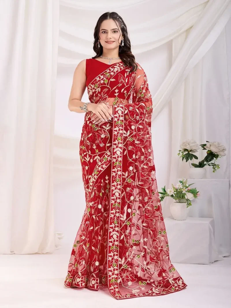Chikankari Embroidery Work Soft Net Partywear Saree