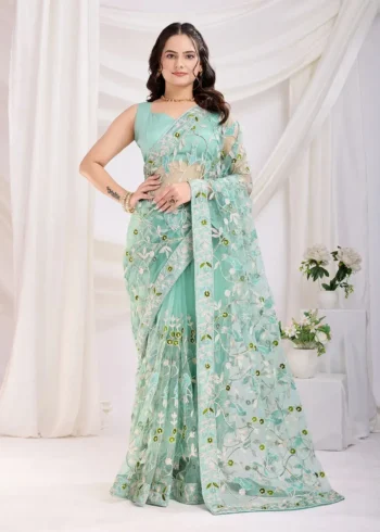 Chikankari Embroidery Work Soft Net Partywear Saree