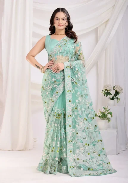 Chikankari Embroidery Work Soft Net Partywear Saree